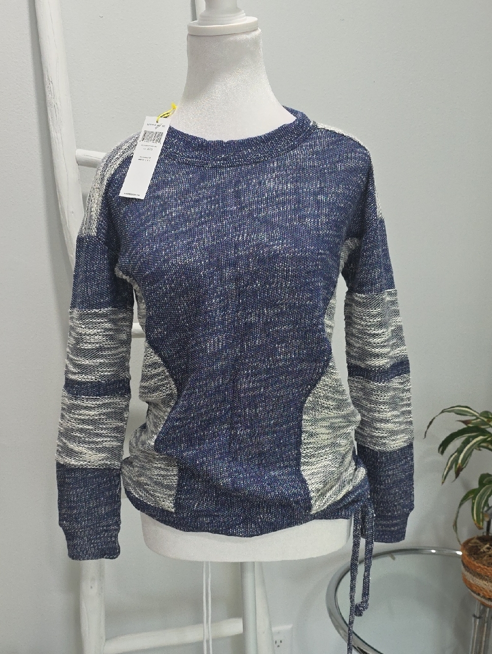 BCBGeneration Navy and Gray Colorblock Crewneck Sweater With Waist Tie